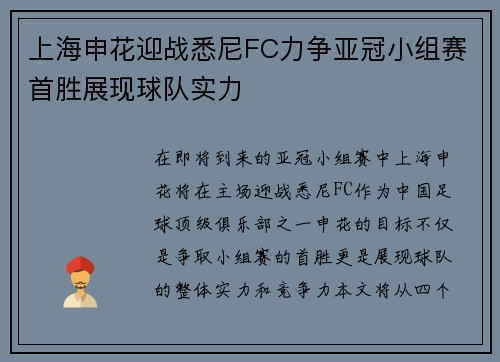 上海申花迎战悉尼FC力争亚冠小组赛首胜展现球队实力