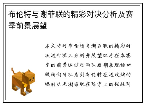布伦特与谢菲联的精彩对决分析及赛季前景展望